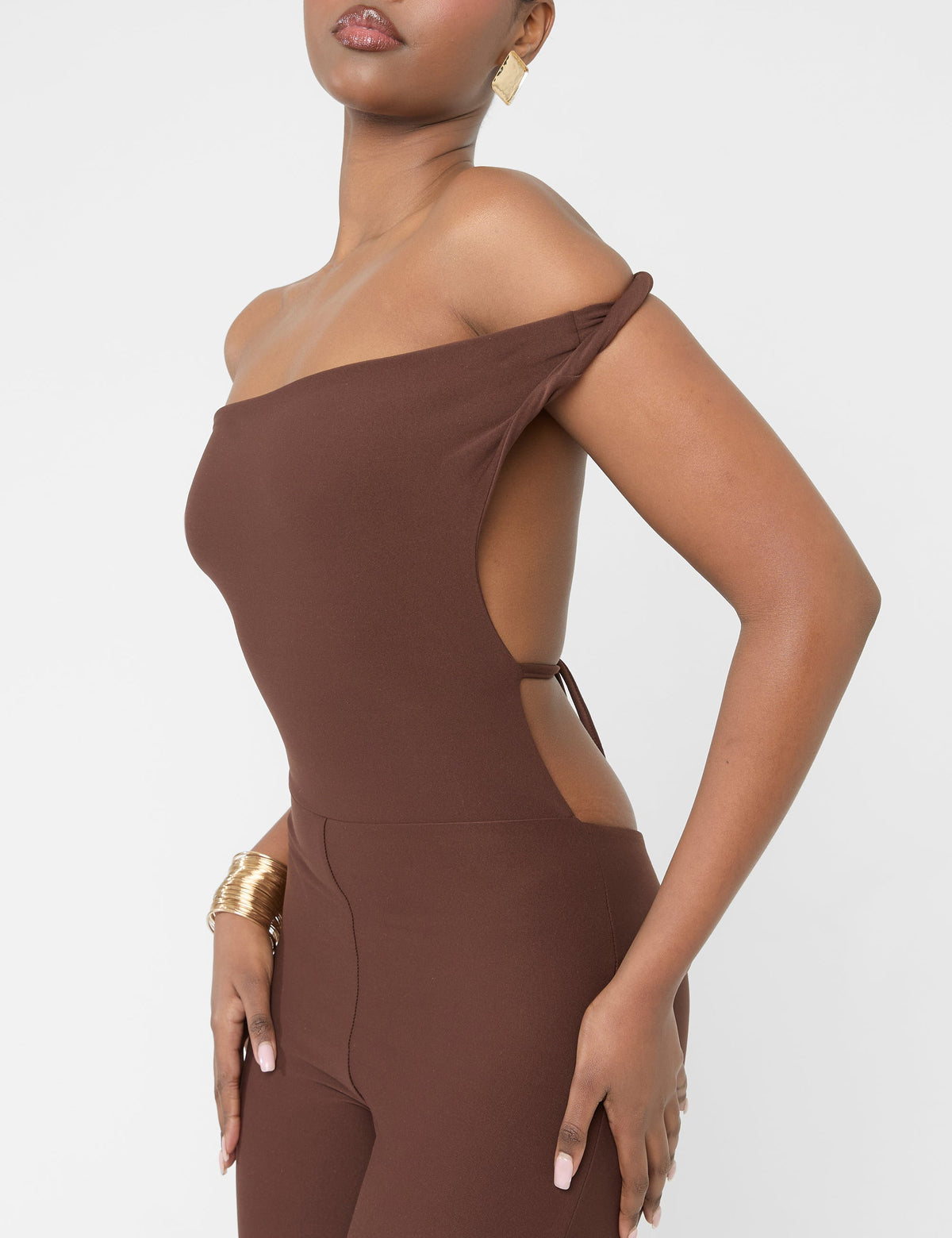 Twist Back Detail Off The Shoulder Luxe Slinky Jumpsuit Brown
