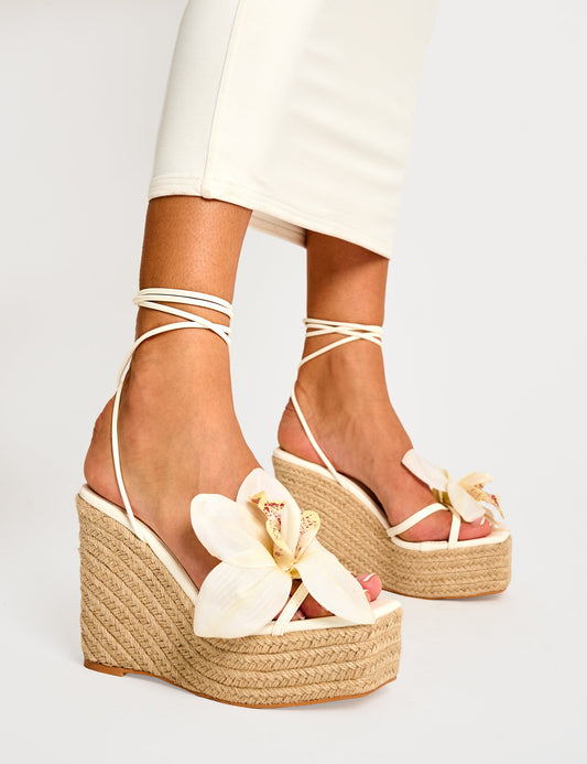 Poolparty Cream 3-D Floral Lace Up Jute Wedges