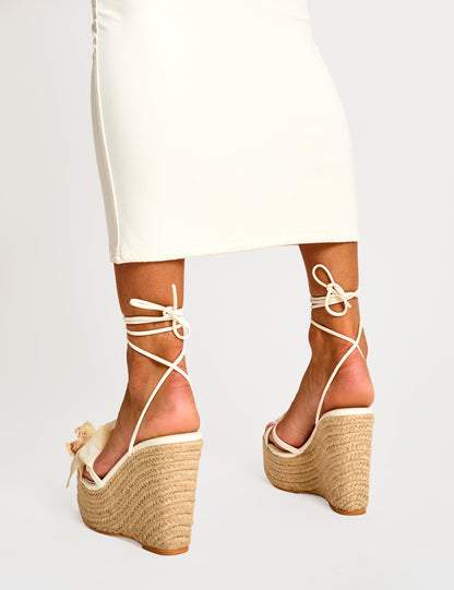 Poolparty Cream 3-D Floral Lace Up Jute Wedges