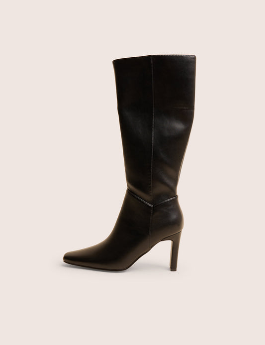 Pose Black Pu Zip Up Knee High Slim Block Heeled Boots