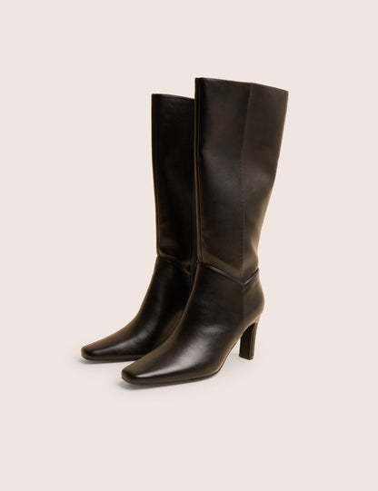 Pose Black Pu Zip Up Knee High Slim Block Heeled Boots