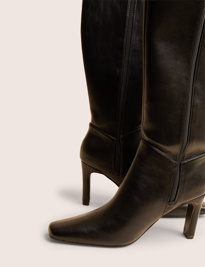 Pose Black Pu Zip Up Knee High Slim Block Heeled Boots