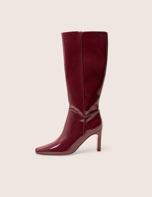Pose Burgundy Hi Shine Zip Up Knee High Slim Block Heeled Boots