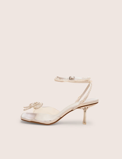 Possesive White Pu Pearl Bow Court High Heels