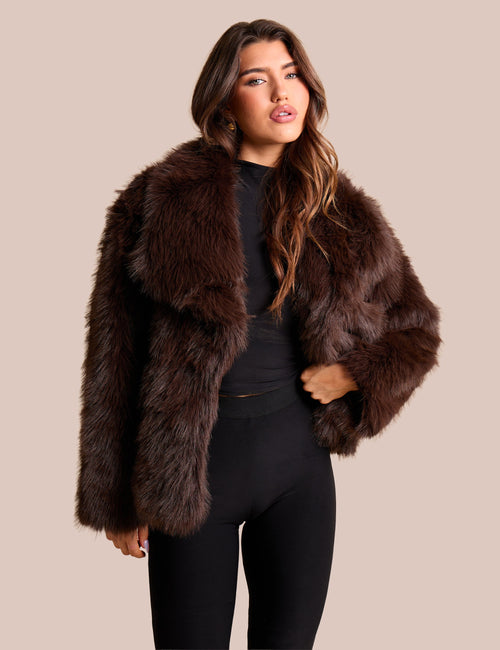 Oversized Collar Faux Fur Jacket Chocolate