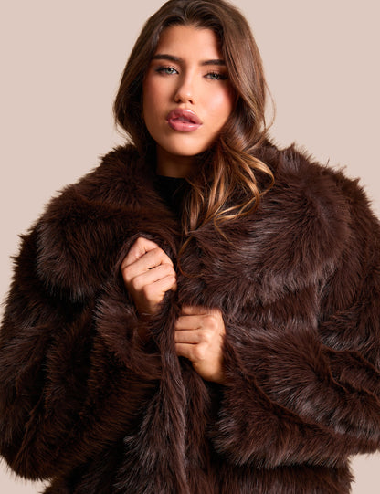 Oversized Collar Faux Fur Jacket Chocolate