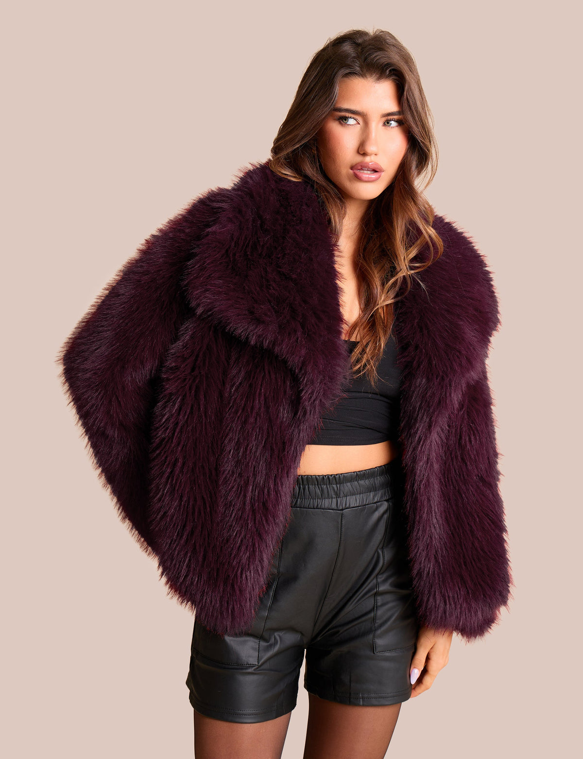 Oversized Collar Faux Fur Jacket Plum