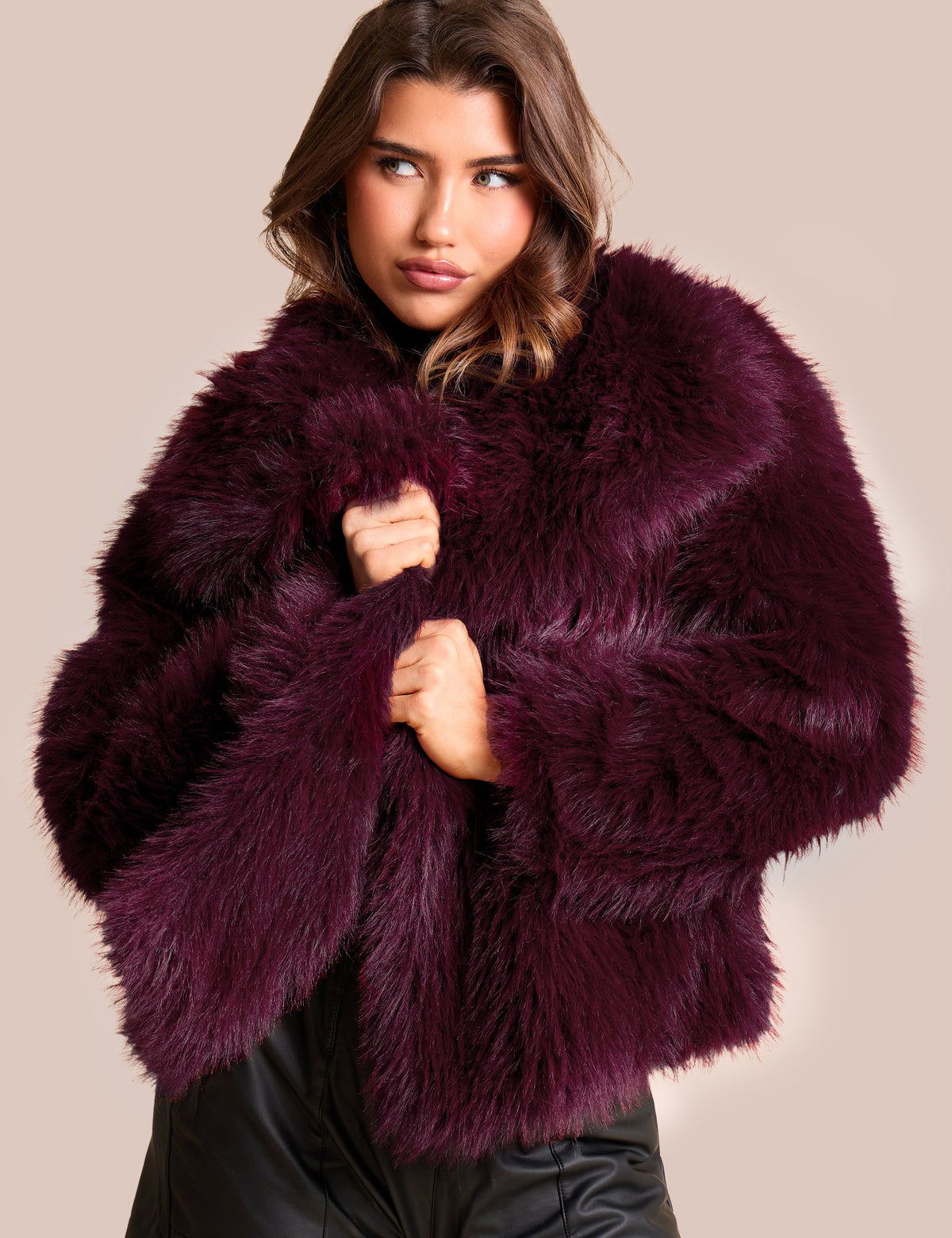 Oversized Collar Faux Fur Jacket Plum