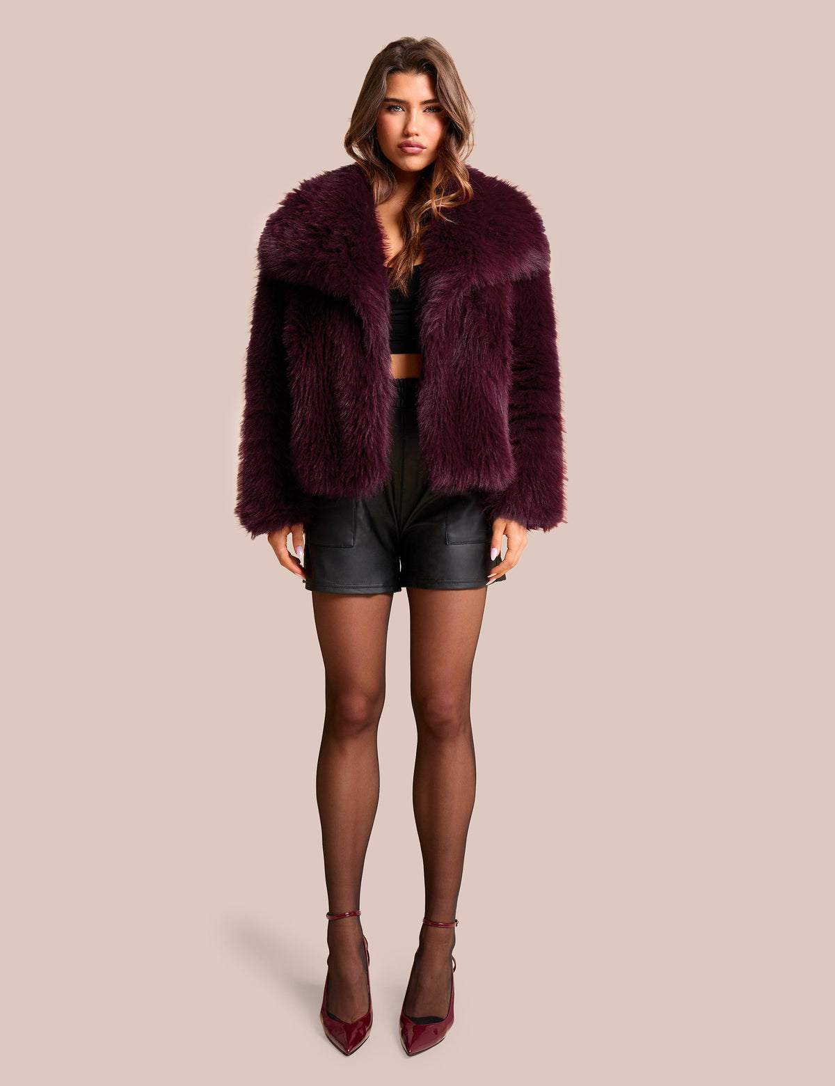 Oversized Collar Faux Fur Jacket Plum