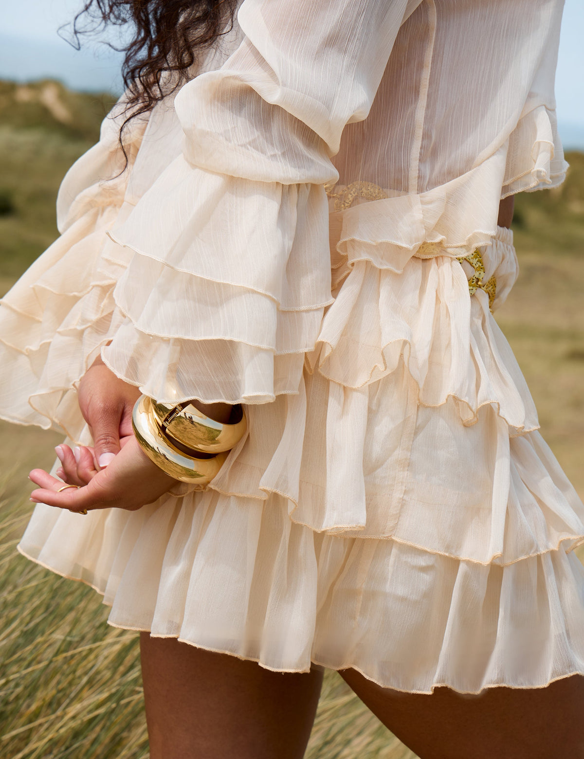 Sheer Ruffle Tiered Mini Skirt Stone