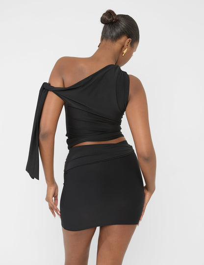 Knot Detail Luxe Slinky Mini Skirt Black
