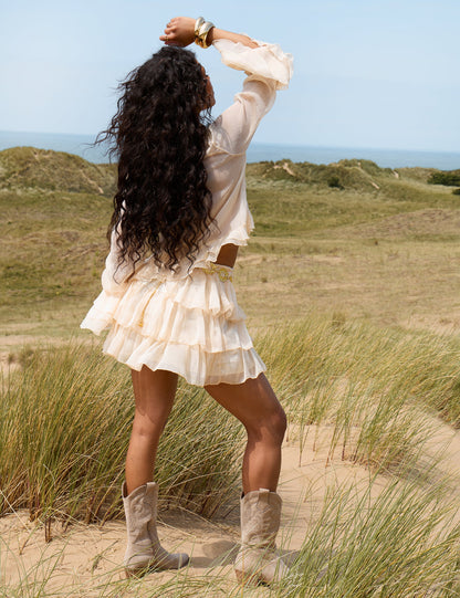 Sheer Ruffled Long Sleeve Crop Top Stone