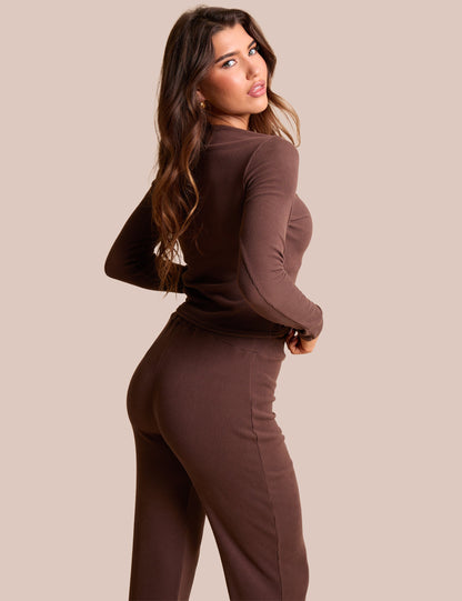 Rib Button Through Long Sleeve Top Chocolate