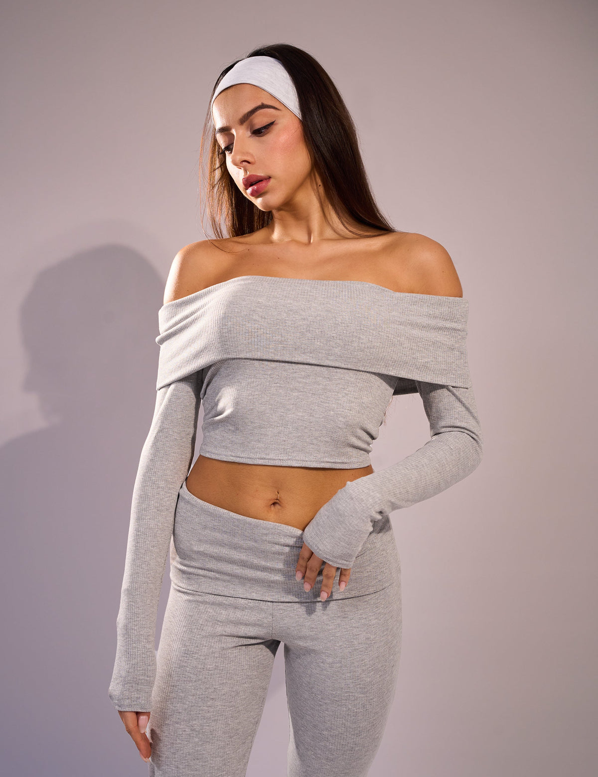 Rib Foldover Long Sleeve Top Grey