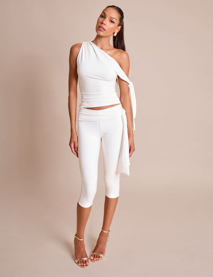 Knot Detail Asymmetric One Shoulder Luxe Slinky Top White