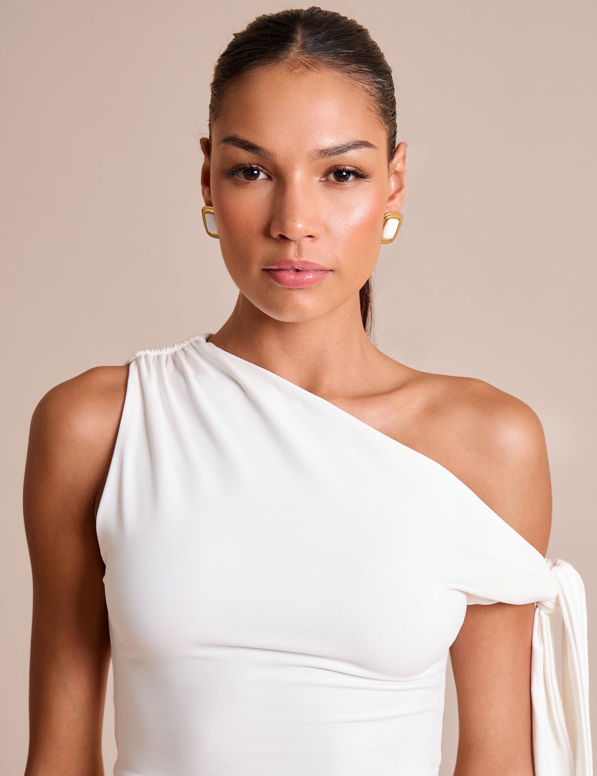 Knot Detail Asymmetric One Shoulder Luxe Slinky Top White