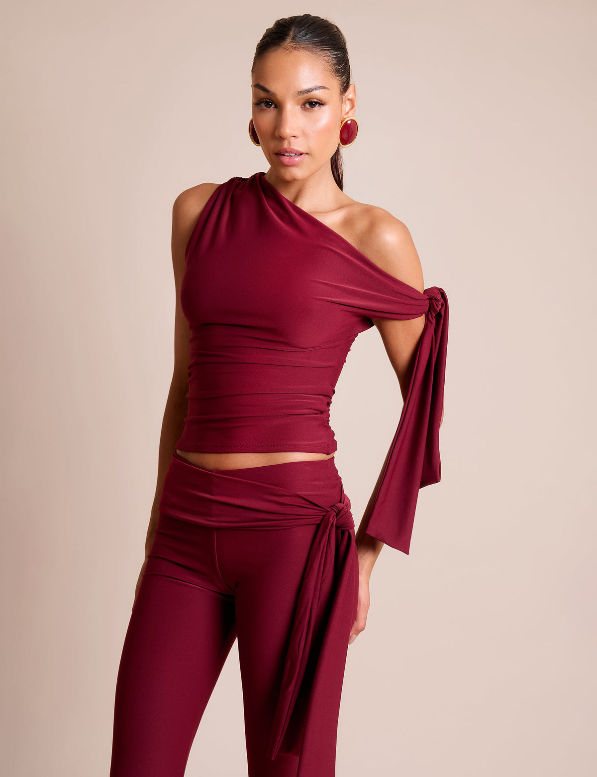 Knot Detail Asymmetric One Shoulder Luxe Slinky Top Burgundy