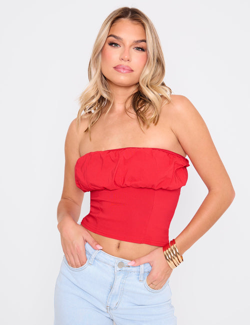 Ruffle Bandeau Top Co Ord Red