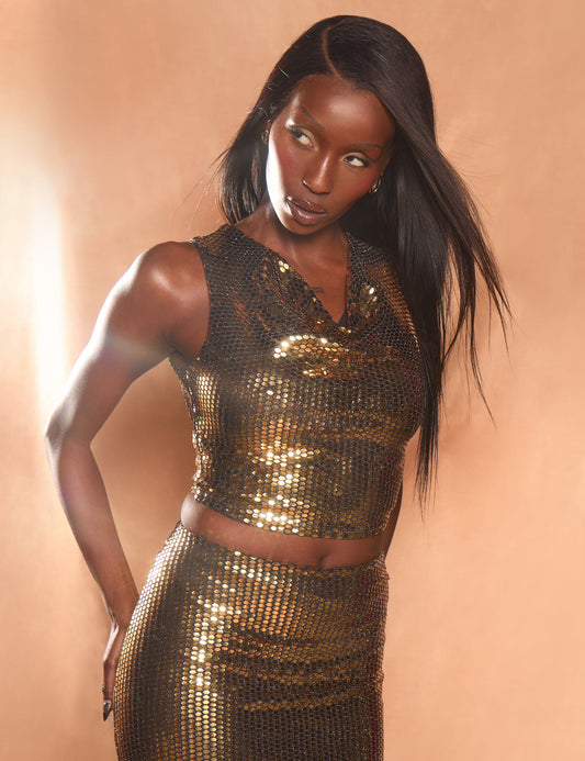 Cowl Neck Sequin Top Gold