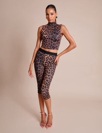 High Neck Luxe Slinky Crop Top Leopard