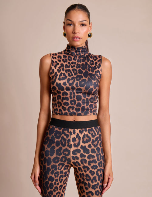 High Neck Luxe Slinky Crop Top Leopard