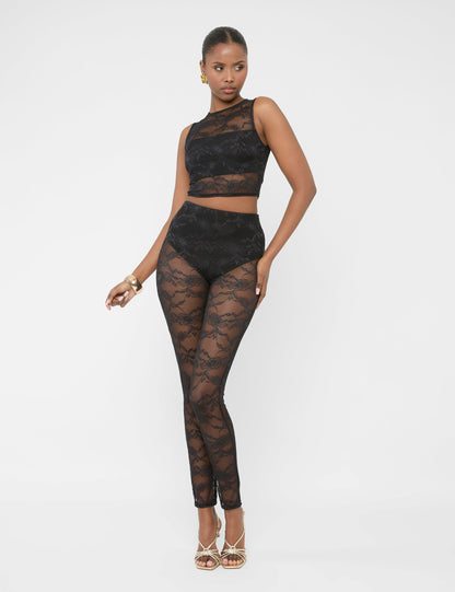 Lace Round Neck Sleeveless Crop Top Black