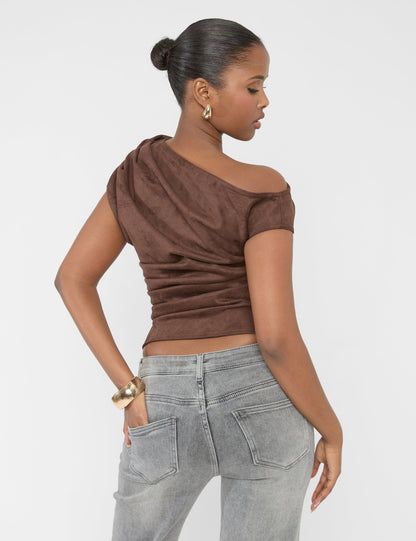 Suedette One Shoulder Ruched Top Chocolate
