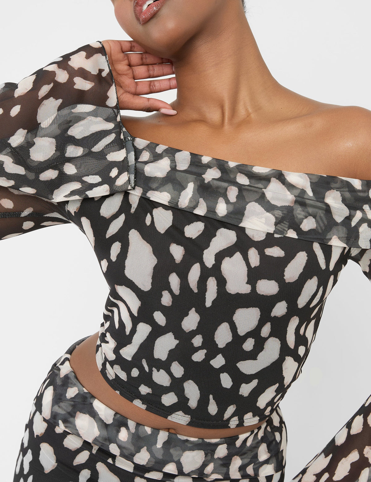 Mesh Bardot Fold Over Long Sleeve Crop Top Animal Print