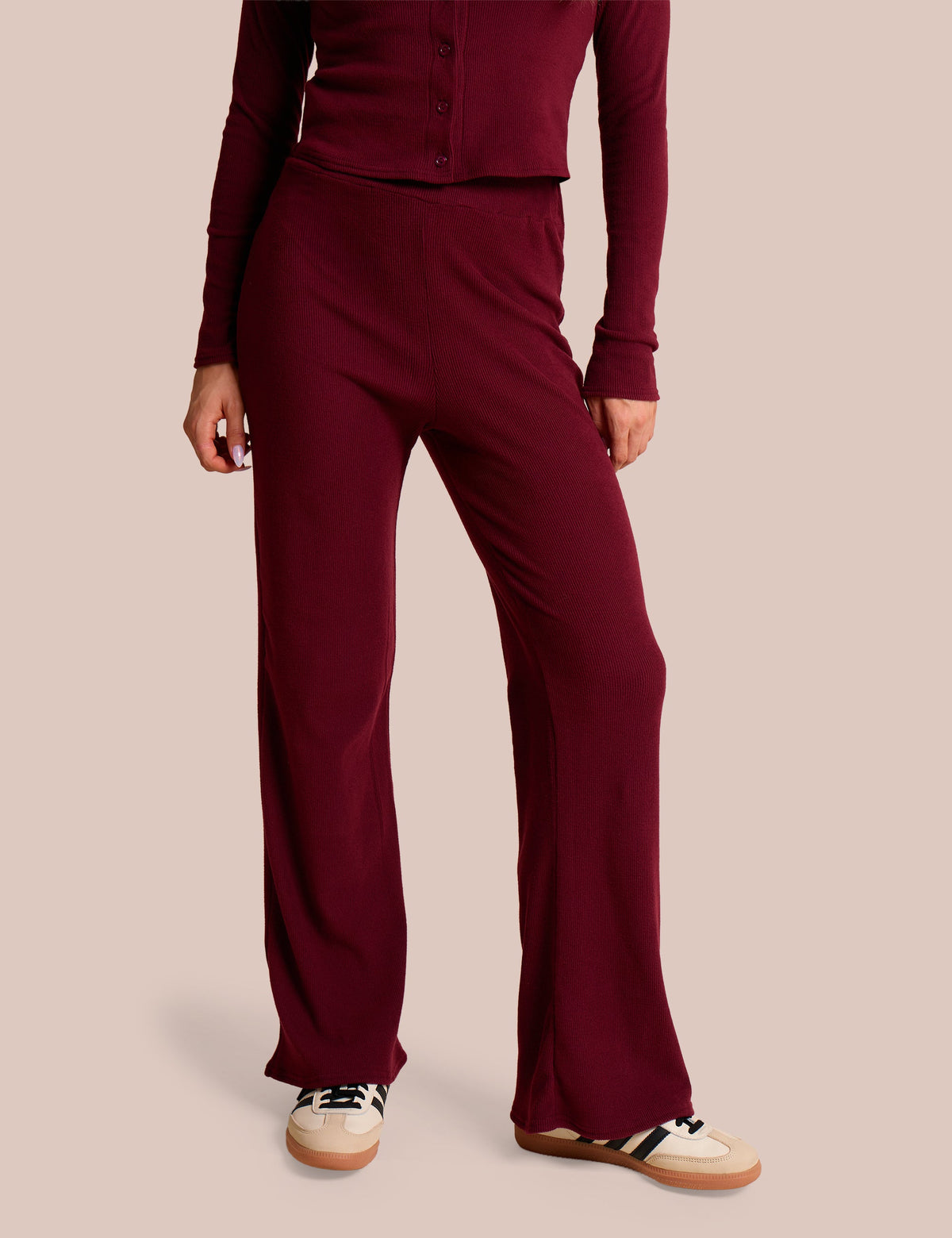 High Waist Rib Wide Leg Trouser Burgundy