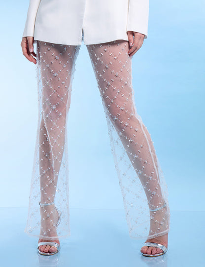 Sheer Embellished Flared Trousers White