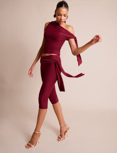 Knot Detail Tie Side Luxe Slinky Capri Pants Burgundy