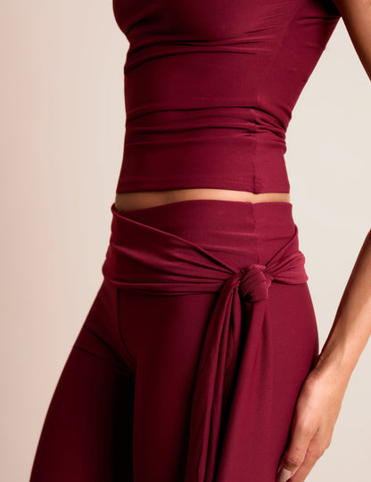 Knot Detail Tie Side Luxe Slinky Capri Pants Burgundy