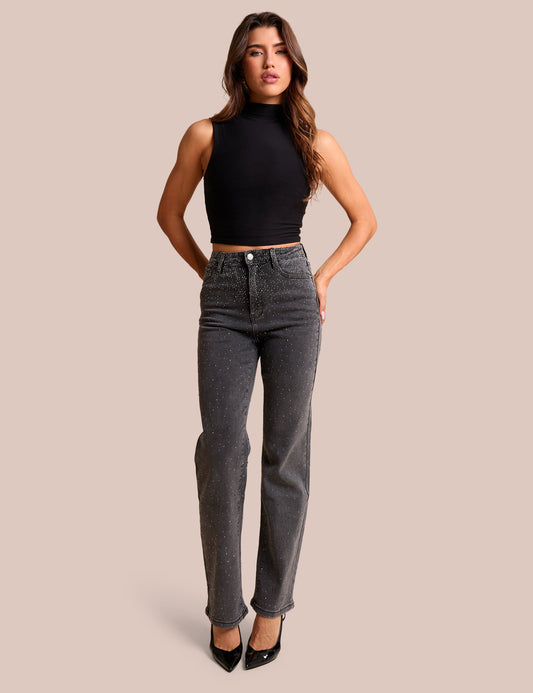 Straight Leg Stretch Stud Detail Black Jeans