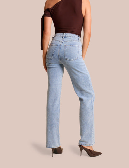 Clear Diamante Straight Fit High Rise Denim Blue Jeans
