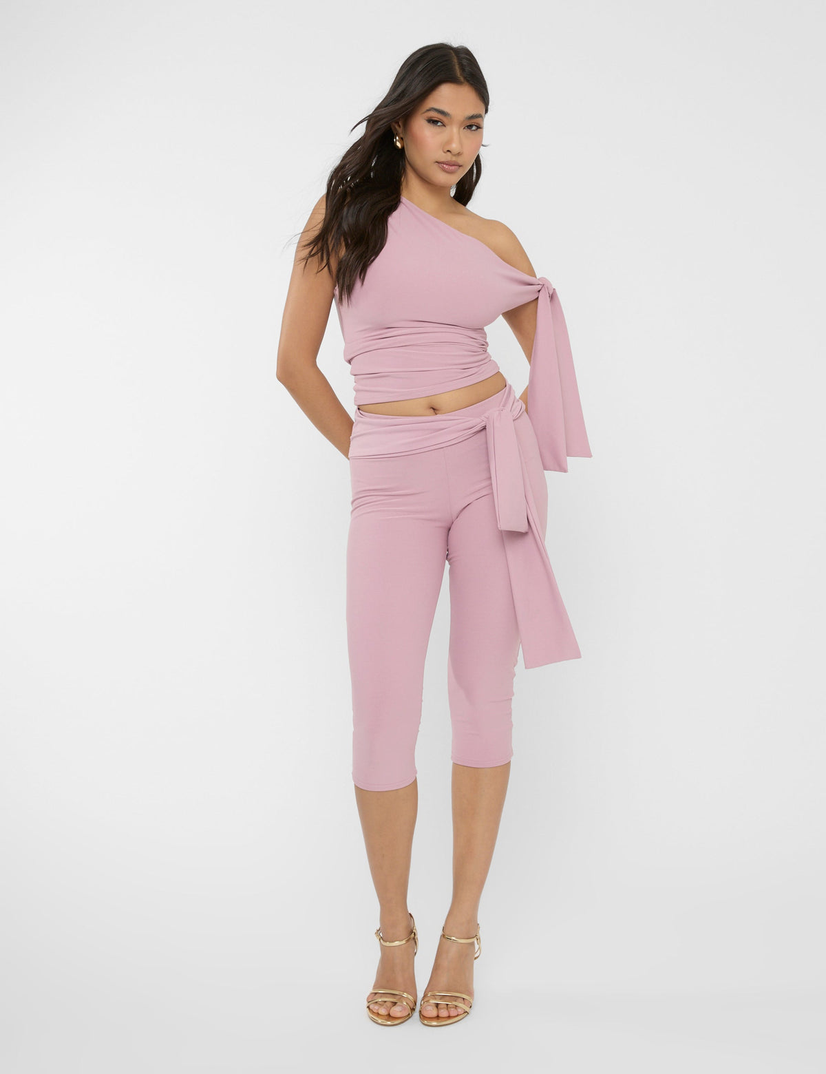 Knot Detail Tie Side Luxe Slinky Capri Pants Mauve