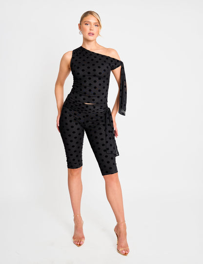Knot Detail Tie Side Polka Dot Devore Capri Pants Black