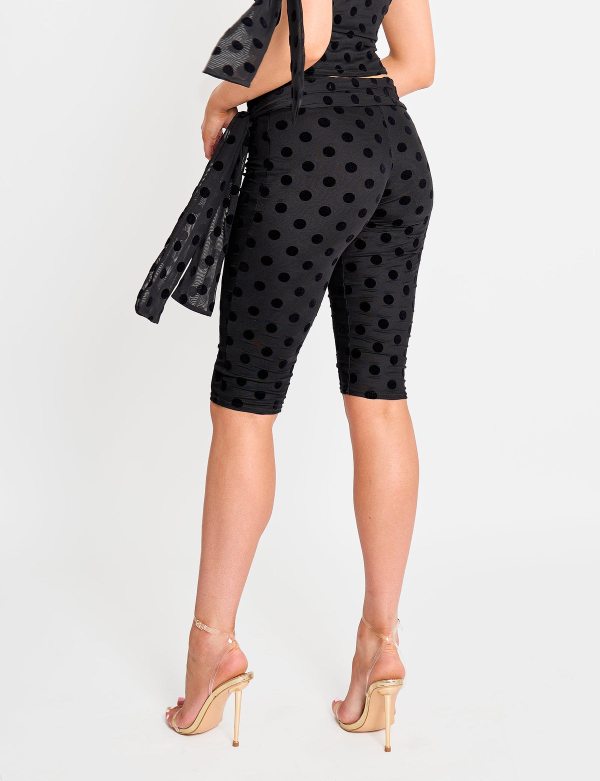 Knot Detail Tie Side Polka Dot Devore Capri Pants Black