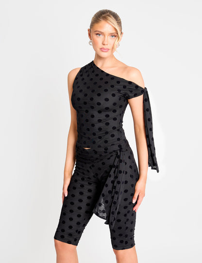 Knot Detail Tie Side Polka Dot Devore Capri Pants Black