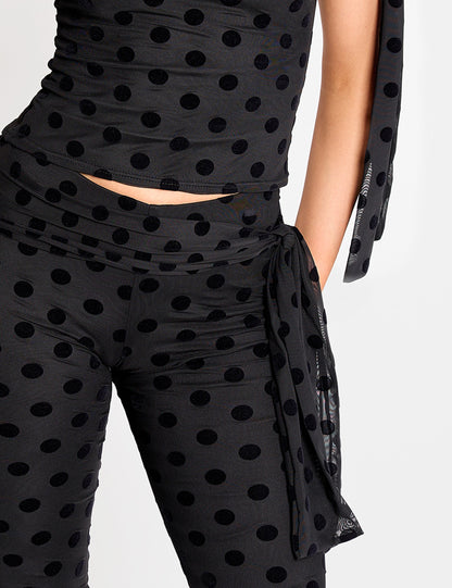 Knot Detail Tie Side Polka Dot Devore Capri Pants Black