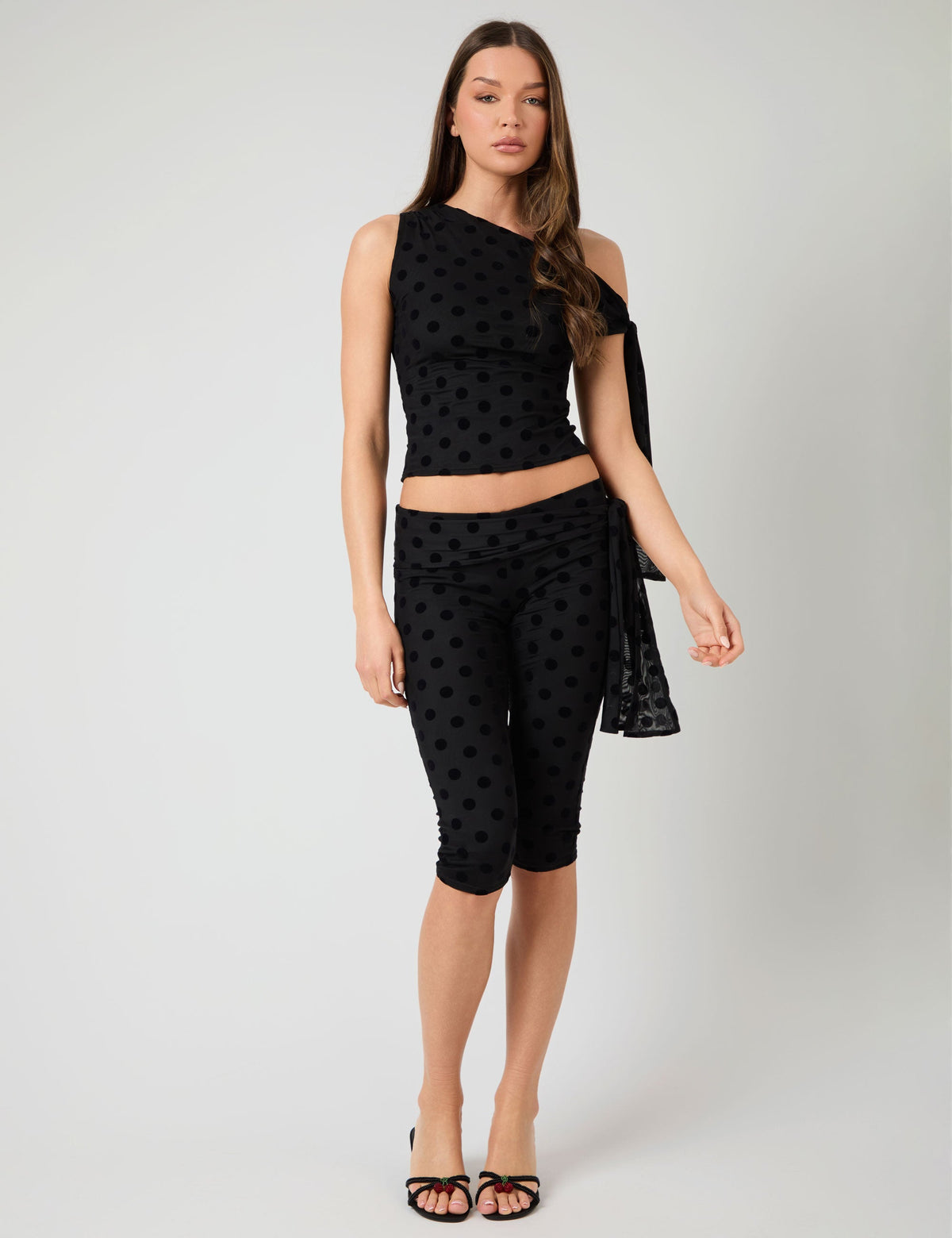 Knot Detail Tie Side Polka Dot Devore Capri Pants Black