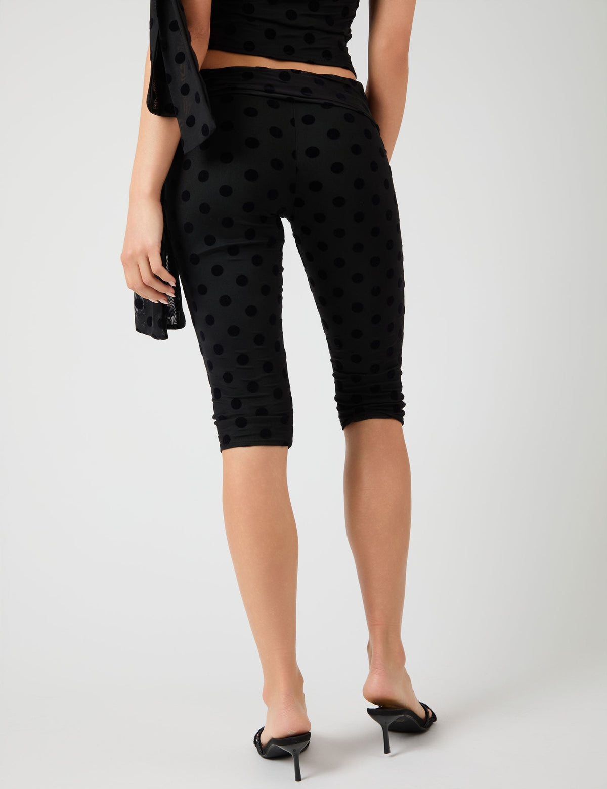 Knot Detail Tie Side Polka Dot Devore Capri Pants Black