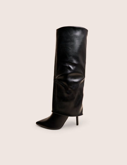 Ralph Black Fold Over Pu Knee High Stiletto Boots