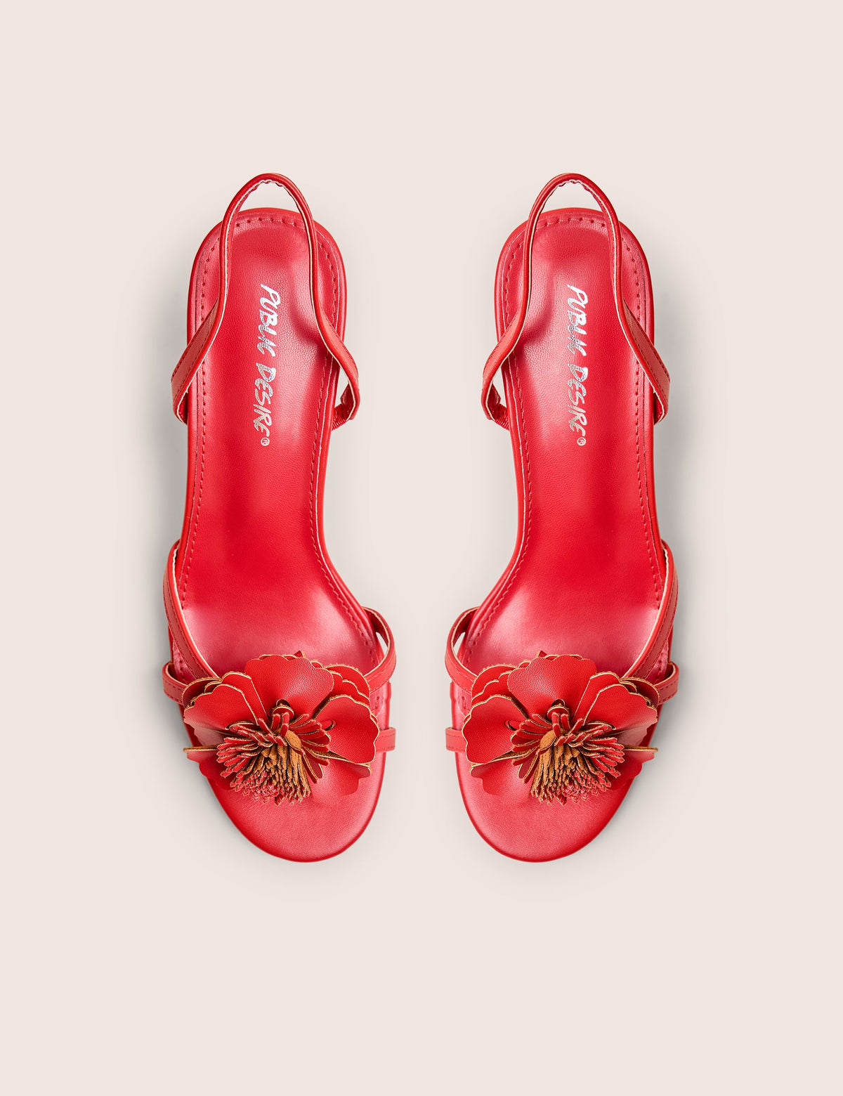 Red Hot Red Pu 3d Flower Sling Back Mid Heels