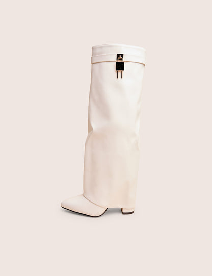 Reese White Fold Over Pu Knee High Boots