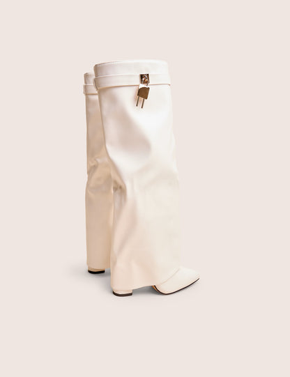 Reese White Fold Over Pu Knee High Boots