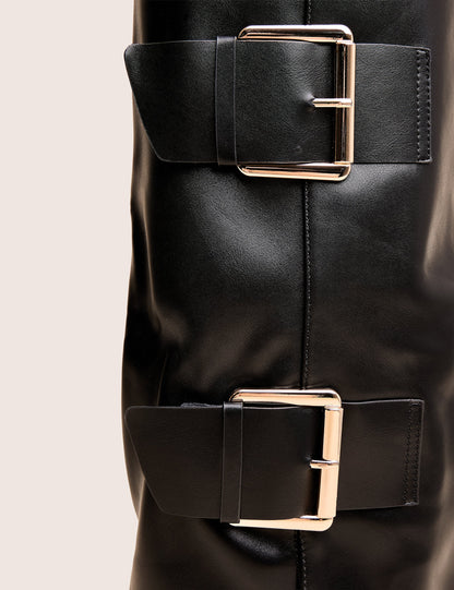 River Black Double Buckle Detail Pu High Knee Boots