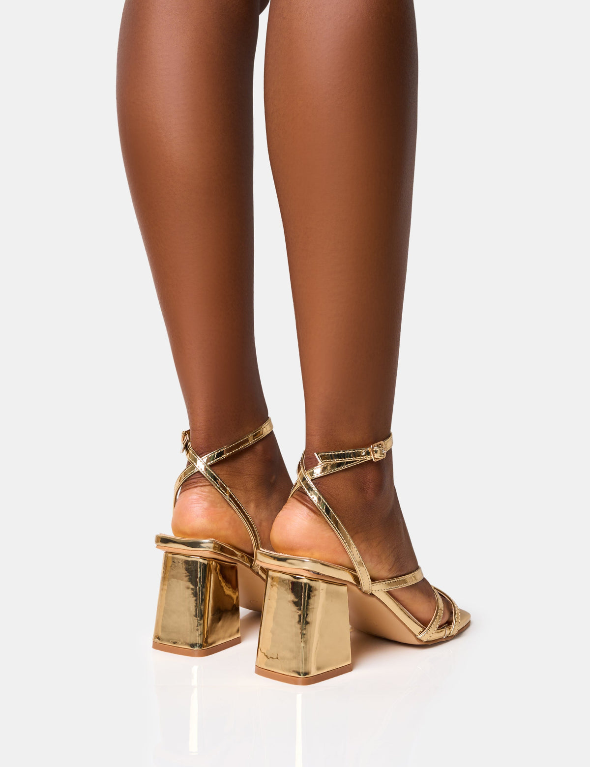 Robin Gold Wide Fit Strappy Square Toe Mid Block Heels