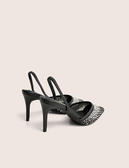 Rochie Black Mesh Embellished Sling Back Court Heels