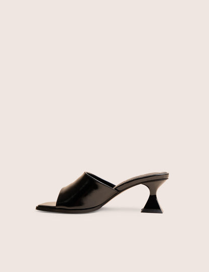 Romi Black Patent Mule Square Toe Flared Block Mid Heels