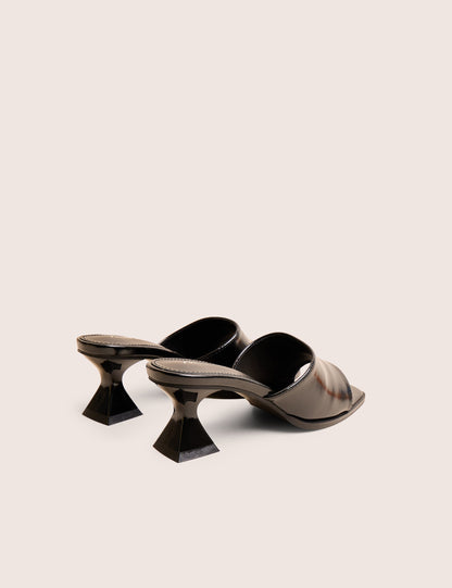 Romi Black Patent Mule Square Toe Flared Block Mid Heels